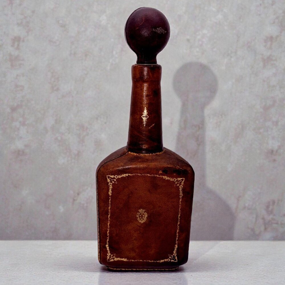 VTG Leather Wrapped Glass Decanter Bottle MADE IN ITALY Tall Ornate Gold 1970's